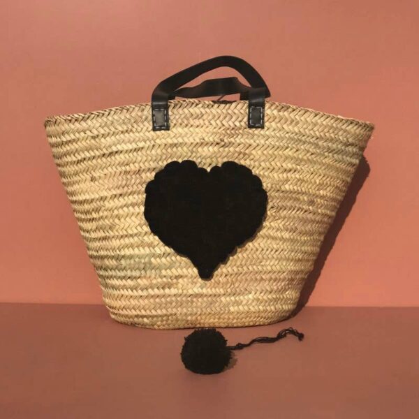Fassiha Handwoven Palm Basket with Black Wool Hearts