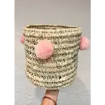 Handwoven Palm Leaf Basket with Colorful Wool Pom Poms