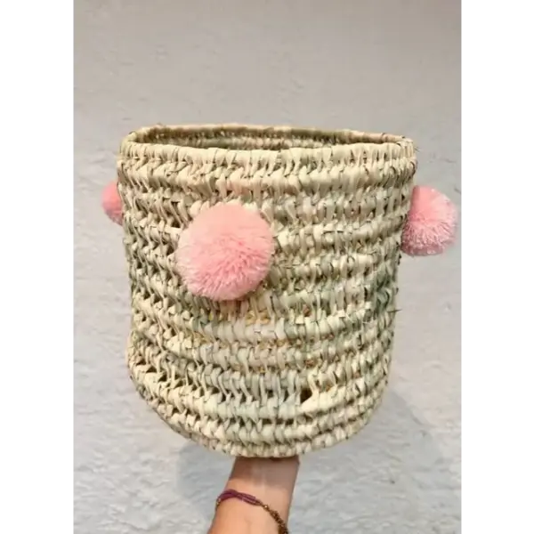 Handwoven Palm Leaf Basket with Colorful Wool Pom Poms