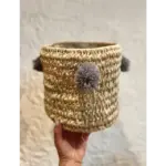 Handwoven Palm Leaf Basket with Colorful Wool Pom Poms