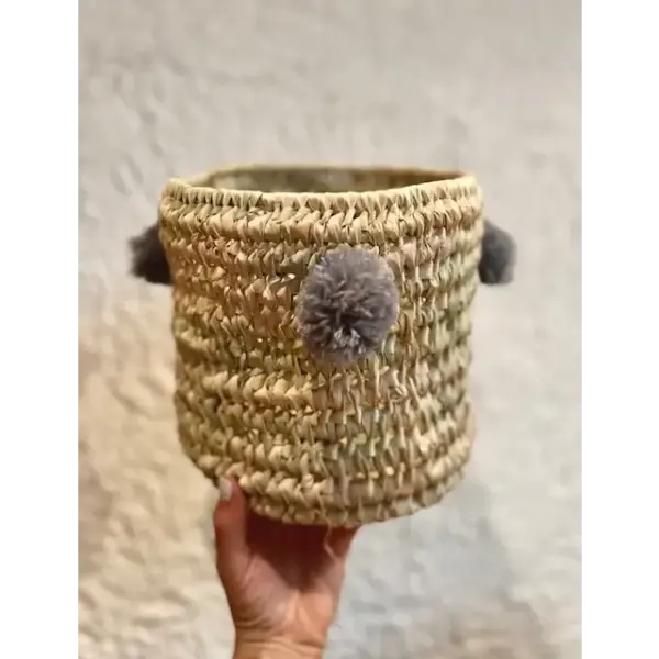 Handwoven Palm Leaf Basket with Colorful Wool Pom Poms