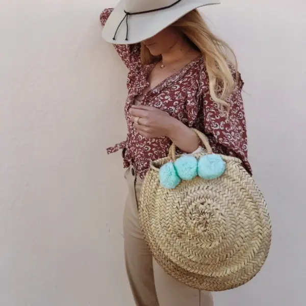 Handwoven Mint Pom Pom Beach Basket – Moroccan Straw Tote