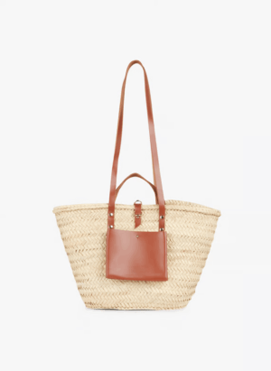 Handwoven Doum Palm Basket – Brown Leather & Natural Palm Tote | 26×40×14 cm