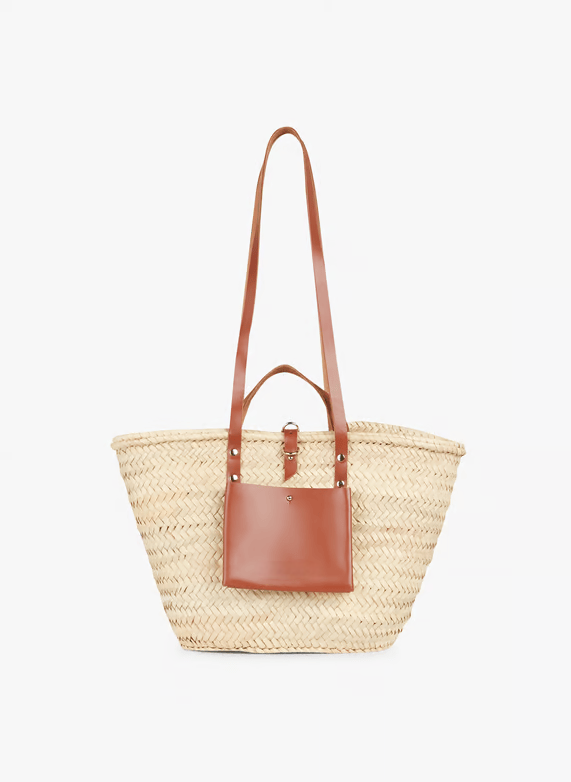 Handwoven Doum Palm Basket – Brown Leather & Natural Palm Tote | 26×40×14 cm