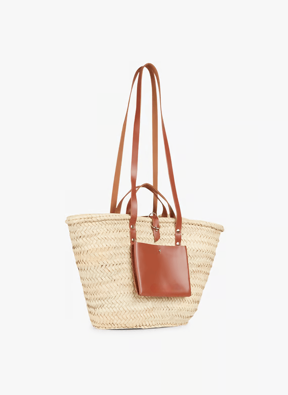 Handwoven Doum Palm Basket – Brown Leather & Natural Palm Tote | 26×40×14 cm