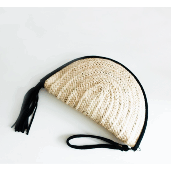 Black Moroccan Makeup Pouch – Handmade Palm Leaf and Leather