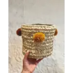 Handwoven Palm Leaf Basket with Colorful Wool Pom Poms