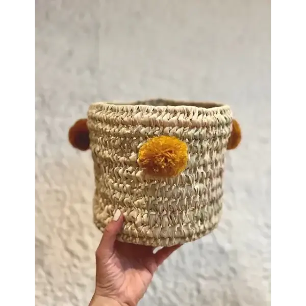 Handwoven Palm Leaf Basket with Colorful Wool Pom Poms