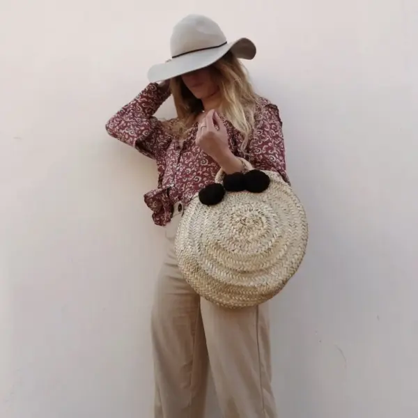 Handwoven Brown Pom Pom Beach Basket – Moroccan Straw Tote