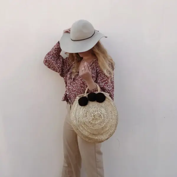 Handwoven Brown Pom Pom Beach Basket – Moroccan Straw Tote