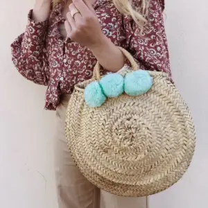 Handwoven Mint Pom Pom Beach Basket – Moroccan Straw Tote