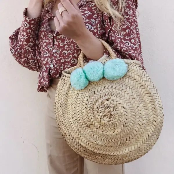 Handwoven Mint Pom Pom Beach Basket – Moroccan Straw Tote