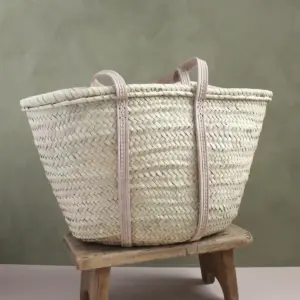Handmade Palm Leaf Tote with Long Pink Leather Handles