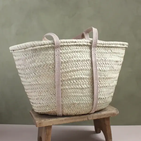 Handmade Palm Leaf Tote with Long Pink Leather Handles