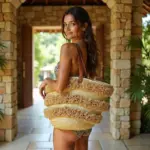 Moroccan Striped Straw Beach Tote – Handwoven Raffia Summer Bag with Leather Handles (13.5″ × 17.7″)