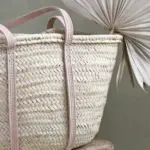 Handmade Palm Leaf Tote with Long Pink Leather Handles