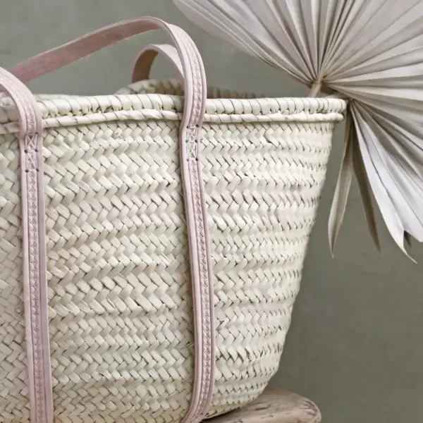 Handmade Palm Leaf Tote with Long Pink Leather Handles