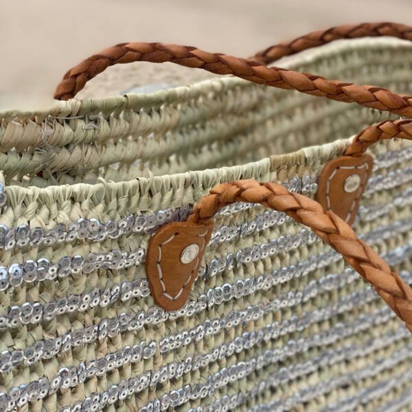 Handwoven Sequin Straw Basket – Eco-Friendly Tote with Leath