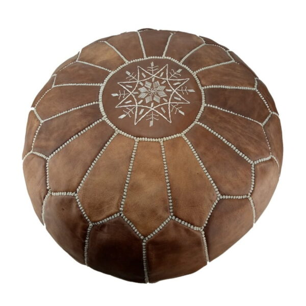 Natural Leather Moroccan Pouf – Handcrafted Round Ottoman (21″ × 12″)