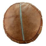 Natural Leather Moroccan Pouf – Handcrafted Round Ottoman (21″ × 12″)