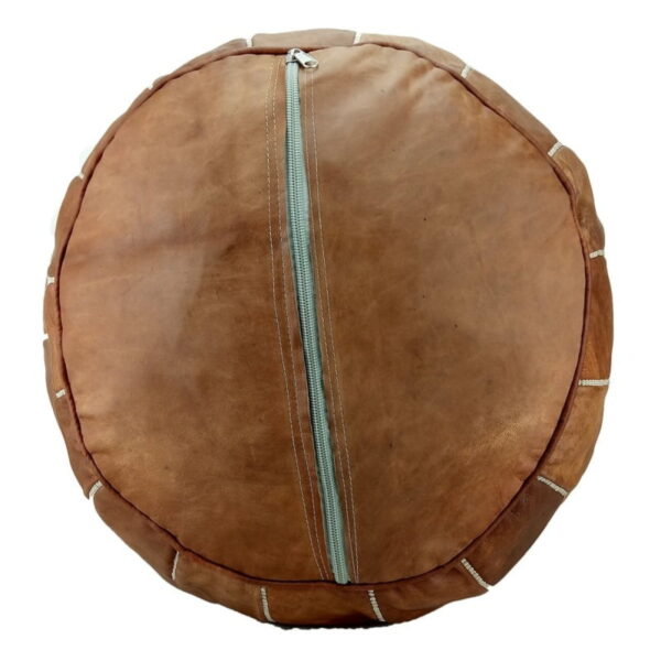 Natural Leather Moroccan Pouf – Handcrafted Round Ottoman (21″ × 12″)