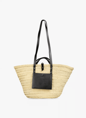 Handwoven Doum Palm Basket – Black Leather Moroccan Tote (26×40×14 cm)
