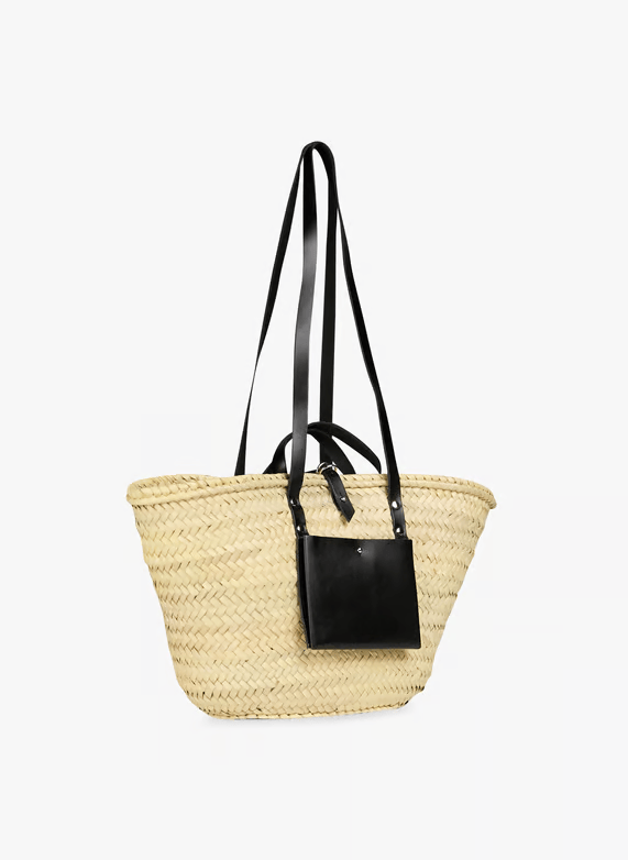 Handwoven Doum Palm Basket – Black Leather Moroccan Tote (26×40×14 cm)