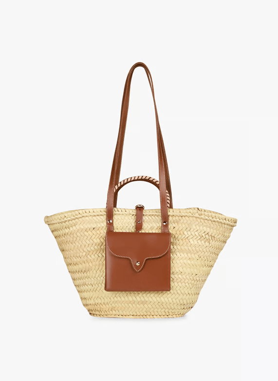Braided Doum Palm Basket – Handwoven Moroccan Tote with Leather Handles (38×26×13 cm)