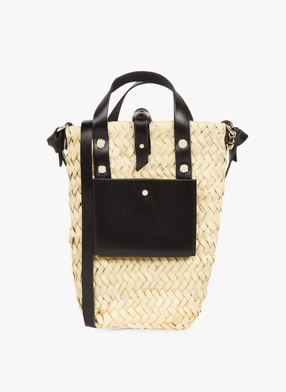 Handwoven Doum Palm Crossbody Bag – Black Leather Moroccan Mini Basket (12×20×4 cm)