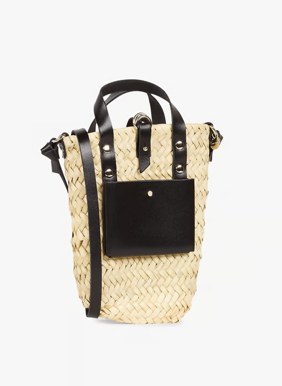 Handwoven Doum Palm Crossbody Bag – Black Leather Moroccan Mini Basket (12×20×4 cm)