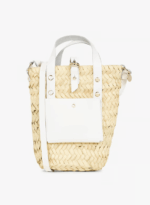 Handwoven Doum Palm Crossbody Basket – White Leather Moroccan Mini Bag (12×20×4 cm)