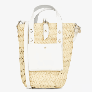 Handwoven Doum Palm Crossbody Basket – White Leather Moroccan Mini Bag (12×20×4 cm)