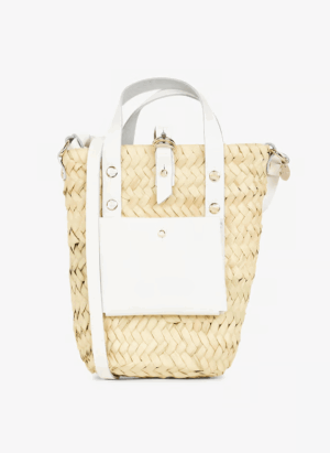 Handwoven Doum Palm Crossbody Basket – White Leather Moroccan Mini Bag (12×20×4 cm)