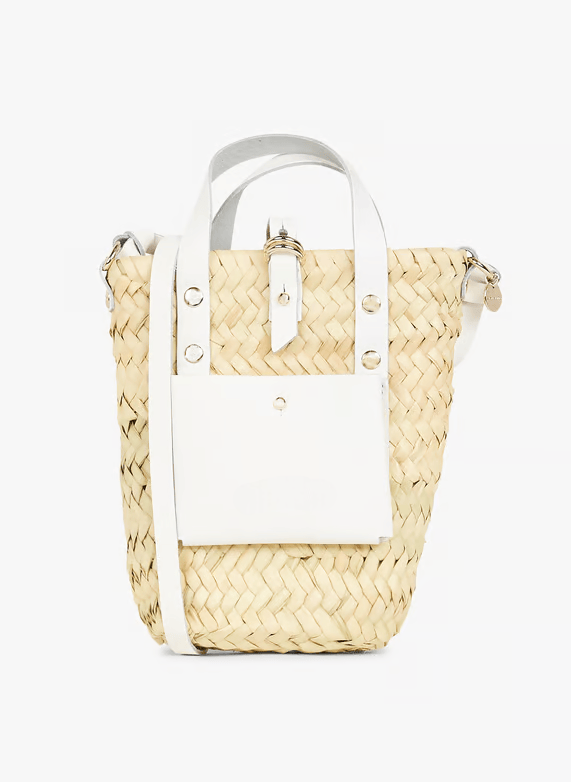 Handwoven Doum Palm Crossbody Basket – White Leather Moroccan Mini Bag (12×20×4 cm)