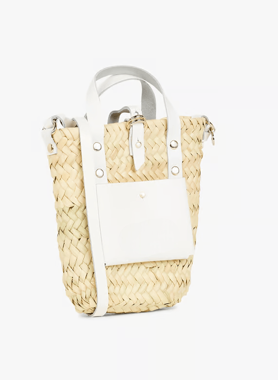 Handwoven Doum Palm Crossbody Basket – White Leather Moroccan Mini Bag (12×20×4 cm)