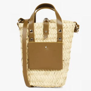 Handwoven Doum Palm Crossbody Basket – Green Leather Moroccan Mini Bag (12×20×4 cm)