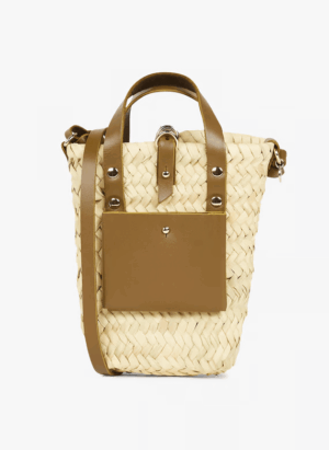 Handwoven Doum Palm Crossbody Basket – Green Leather Moroccan Mini Bag (12×20×4 cm)