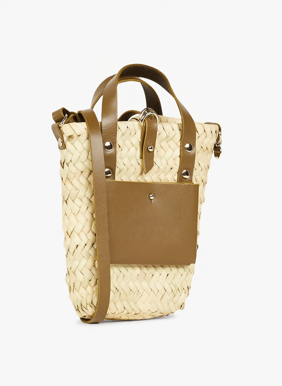Handwoven Doum Palm Crossbody Basket – Green Leather Moroccan Mini Bag (12×20×4 cm)