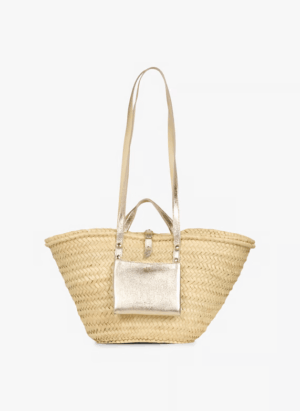 Handwoven Doum Palm Basket – Gold Leather & Natural Palm Tote (26×40×14 cm)
