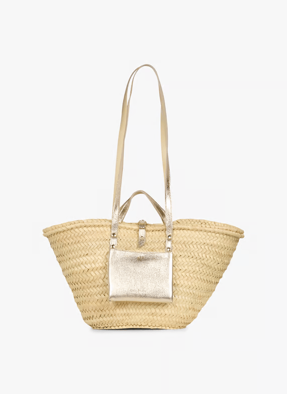 Handwoven Doum Palm Basket – Gold Leather & Natural Palm Tote (26×40×14 cm)