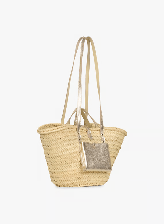Handwoven Doum Palm Basket – Gold Leather & Natural Palm Tote (26×40×14 cm)
