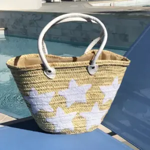 Large Handwoven Straw Tote with White Sequin Stars