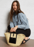 Handwoven Doum Palm Basket – Black Leather Moroccan Tote (26×40×14 cm)
