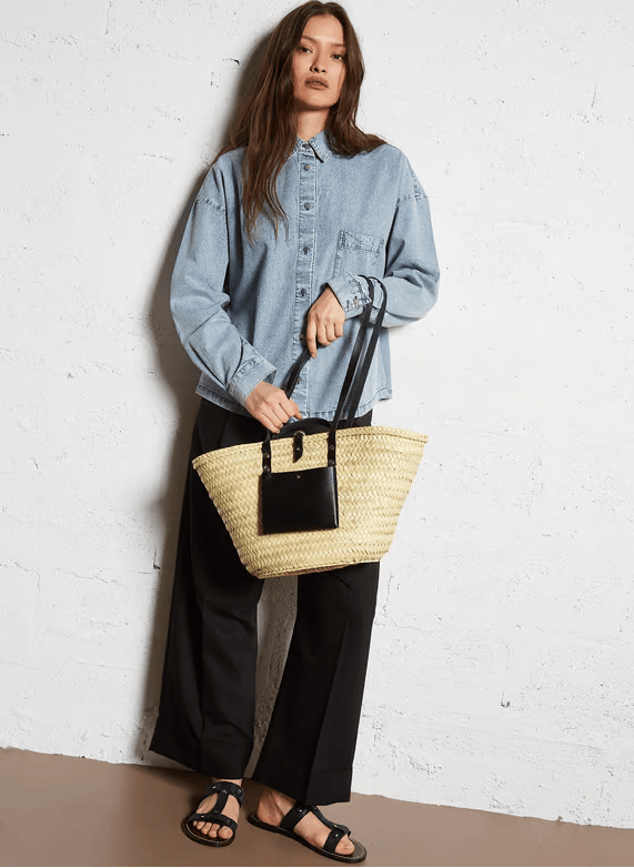 Handwoven Doum Palm Basket – Black Leather Moroccan Tote (26×40×14 cm)