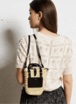 Handwoven Doum Palm Crossbody Bag – Black Leather Moroccan Mini Basket (12×20×4 cm)