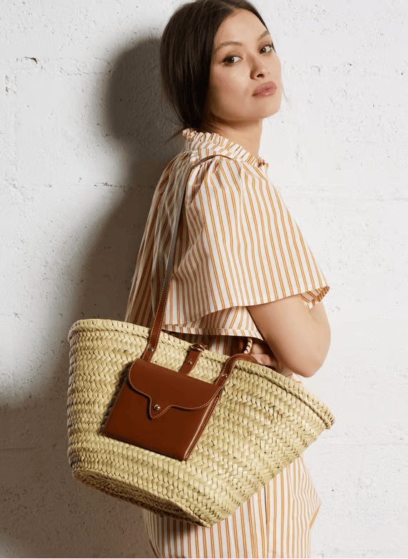 Braided Doum Palm Basket – Handwoven Moroccan Tote with Leather Handles (38×26×13 cm)