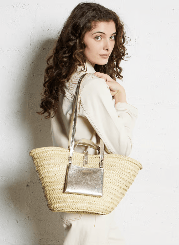 Handwoven Doum Palm Basket – Gold Leather & Natural Palm Tote (26×40×14 cm)