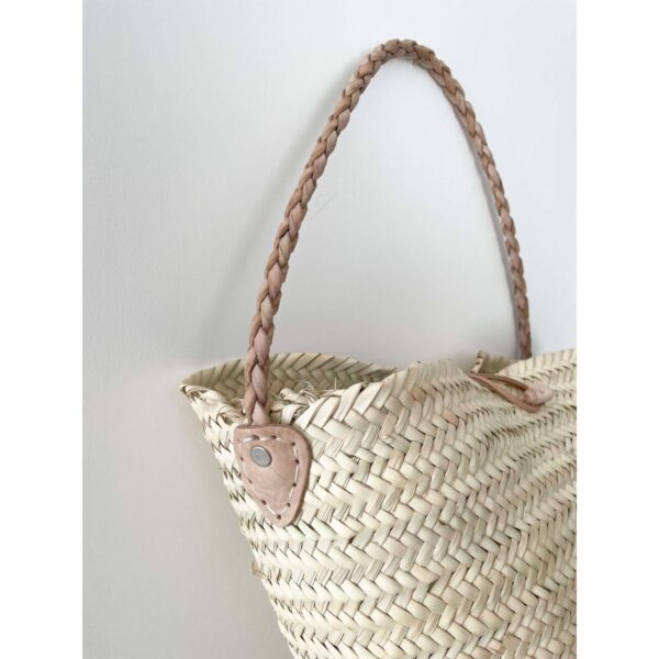Handwoven Wicker Basket with Braided Leather Handle and Butt