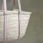 Handmade Palm Leaf Tote with Long Pink Leather Handles