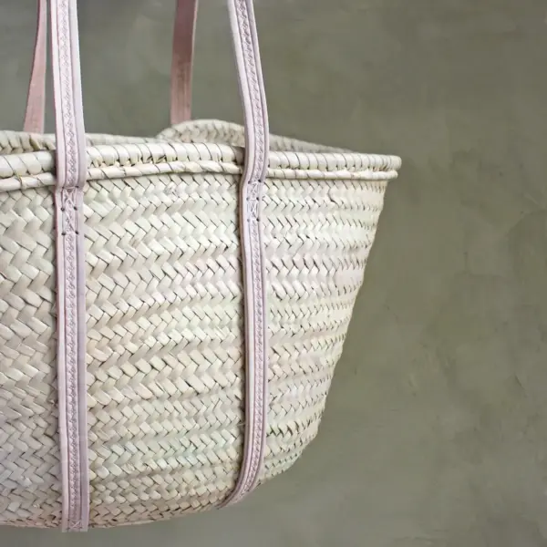 Handmade Palm Leaf Tote with Long Pink Leather Handles
